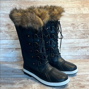 JF Marley Black and Brown Lace-Up Winter Boots with Fur Lining